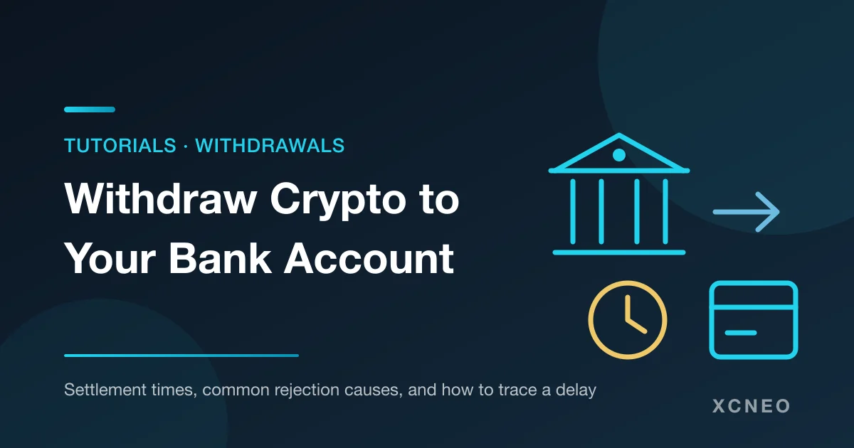 Diagram of withdrawing crypto proceeds to a bank account: exchange, clock and bank card