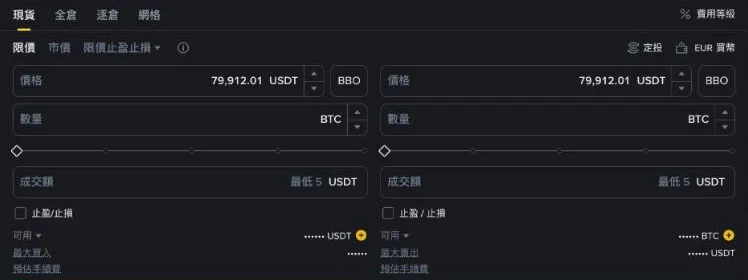 币安现货限价下单区,价格栏旁有 BBO 按钮