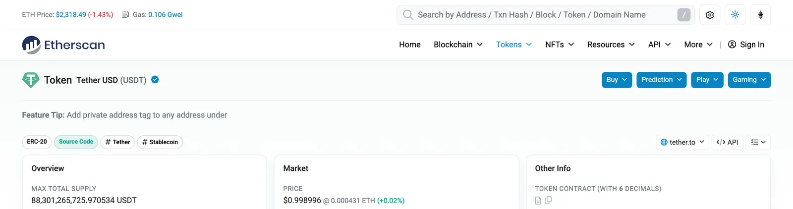 Etherscan 上 Tether USD (USDT) ERC-20 代币页，显示蓝色认证标志、最大总供应量与市场价格 0.998996 美元