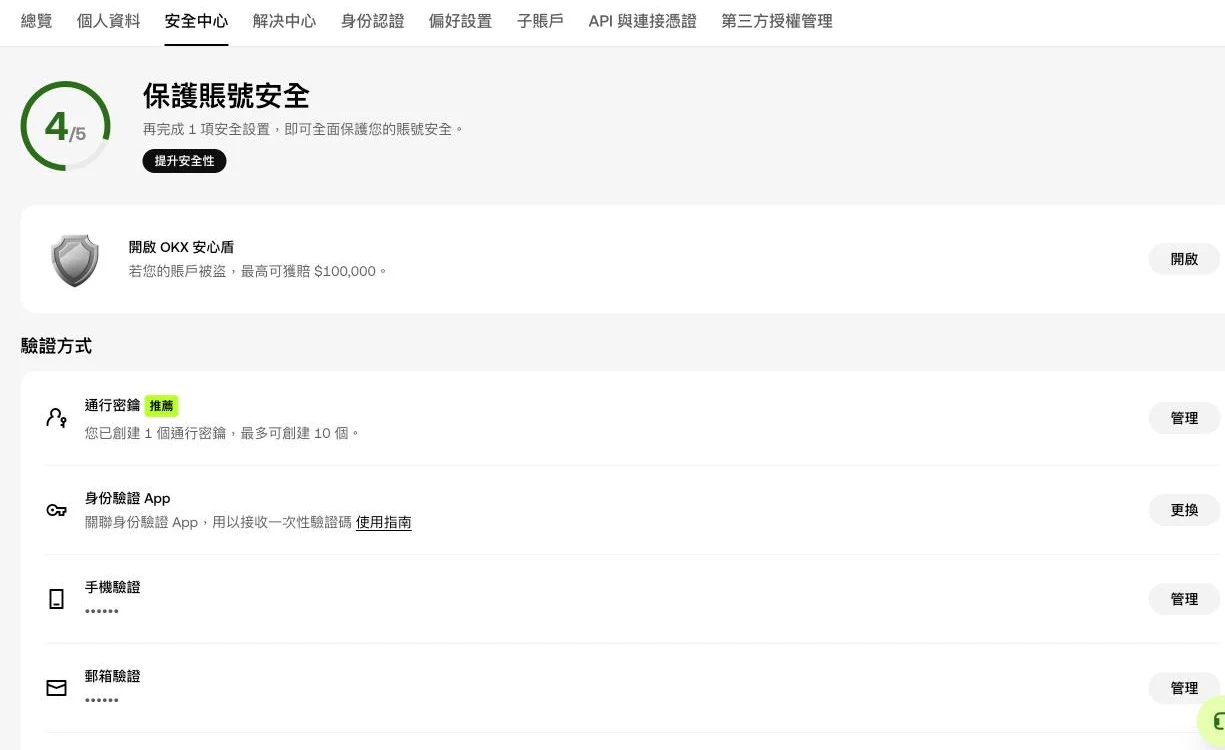 OKX 安全中心的验证方式,列出通行密钥、身份验证 App、手机验证与邮箱验证