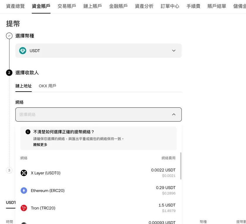 OKX USDT 提币页的网络菜单,列出各网络费用