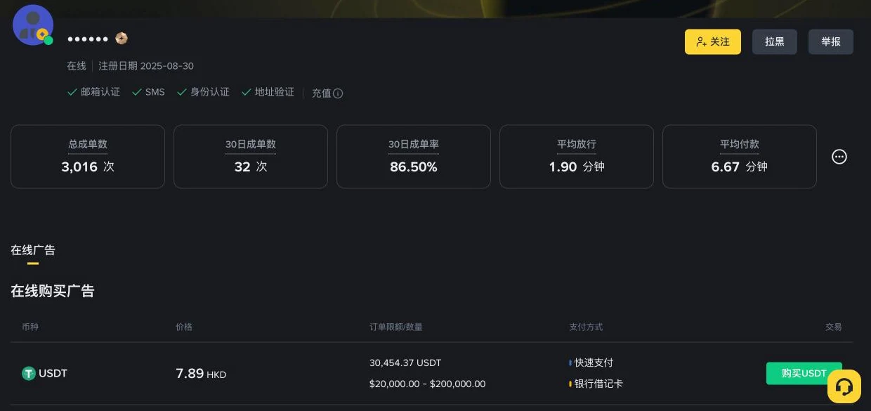 币安 C2C 商家主页,显示加入日期、认证项目、总成单数、30 日成单数与成交率、平均放行与平均付款时间