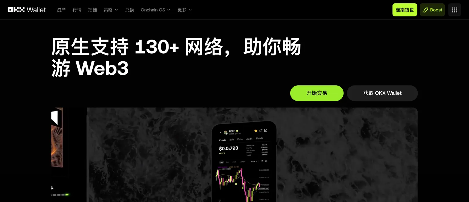 OKX Wallet 官方首页,标题写着原生支持 130+ 网络,助你畅游 Web3